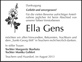 Traueranzeige von Ella Gens von Mitteldeutsche Zeitung Weißenfels