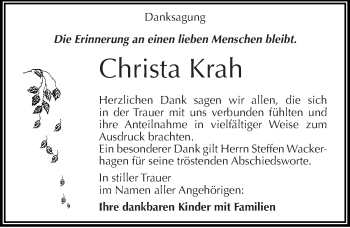 Traueranzeige von Christa Krah von Mitteldeutsche Zeitung Mansfelder Land