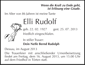 Traueranzeige von Elli Rudolf von Mitteldeutsche Zeitung Dessau-Roßlau