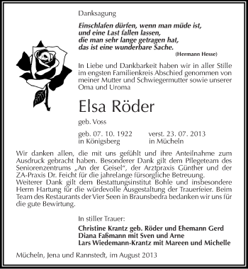 Traueranzeige von Elsa Röder von Mitteldeutsche Zeitung Merseburg/Querfurt