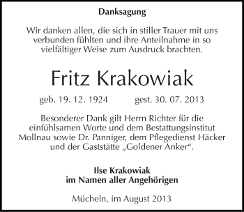 Traueranzeige von Fritz Krakowiak von Mitteldeutsche Zeitung Merseburg/Querfurt