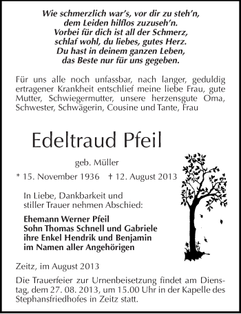 Traueranzeige von Edeltraud Pfeil von Mitteldeutsche Zeitung Zeitz