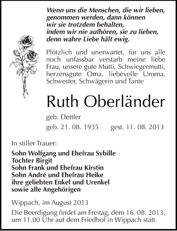 Traueranzeige von Ruth Oberländer von Mitteldeutsche Zeitung Naumburg/Nebra