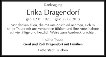 Traueranzeige von Erika Dragendorf von Mitteldeutsche Zeitung Mansfelder Land