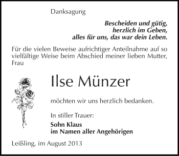 Traueranzeige von Ilse Münzer von Mitteldeutsche Zeitung Weißenfels