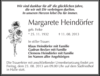 Traueranzeige von Margarete Heindörfer von Mitteldeutsche Zeitung Halle/Saalkreis