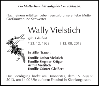 Traueranzeige von Wally Vielstich von Mitteldeutsche Zeitung Wittenberg