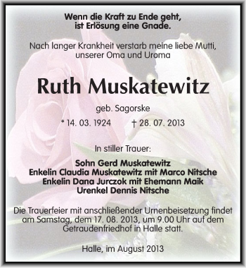 Traueranzeige von Ruth Muskatewitz von Mitteldeutsche Zeitung Halle/Saalkreis