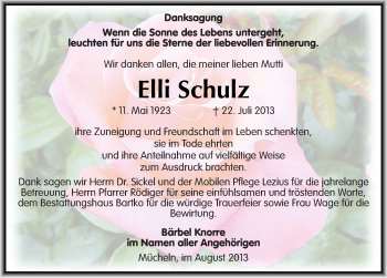 Traueranzeige von Elli Schulz von Mitteldeutsche Zeitung Köthen