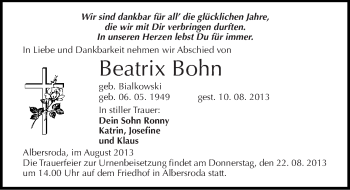 Traueranzeige von Beatrix Bohn von Mitteldeutsche Zeitung Merseburg/Querfurt
