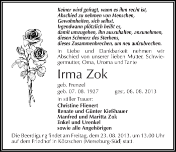 Traueranzeige von Irma Zok von Mitteldeutsche Zeitung Merseburg/Querfurt