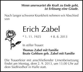 Traueranzeige von Erich Zabel von Mitteldeutsche Zeitung Halle/Saalkreis