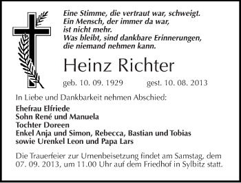 Traueranzeige von Heinz Richter von Mitteldeutsche Zeitung Halle/Saalkreis