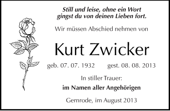 Traueranzeige von Kurt Zwicker von Mitteldeutsche Zeitung Quedlinburg
