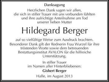 Traueranzeige von Hildegard Berger von Mitteldeutsche Zeitung Halle/Saalkreis