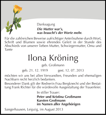 Traueranzeige von Ilona Kröning von Mitteldeutsche Zeitung Sangerhausen