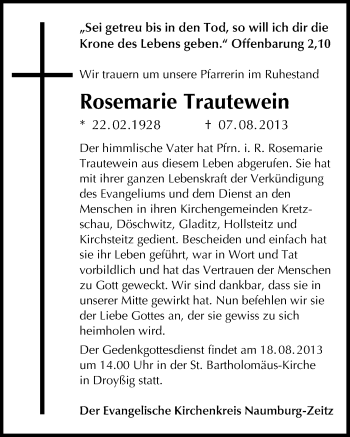 Traueranzeige von Rosemarie Trautewein von Mitteldeutsche Zeitung Zeitz