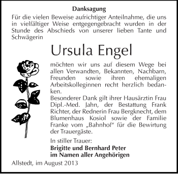 Traueranzeige von Ursula Engel von Mitteldeutsche Zeitung Sangerhausen