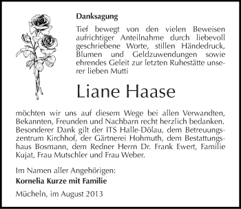 Traueranzeige von Liane Haase von Mitteldeutsche Zeitung Halle/Saalkreis