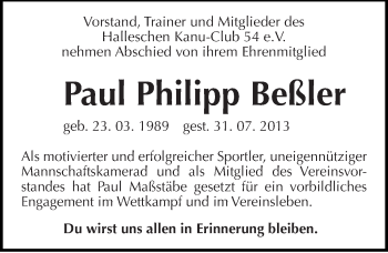 Traueranzeige von Paul Philipp Beßler von Mitteldeutsche Zeitung Halle/Saalkreis