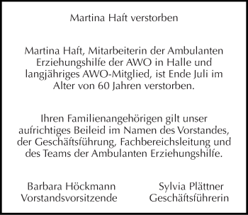 Traueranzeige von Martina Haft von Mitteldeutsche Zeitung Halle/Saalkreis