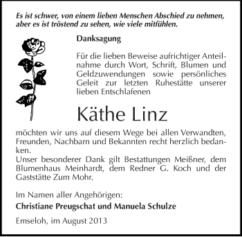 Traueranzeige von Käthe Linz von Mitteldeutsche Zeitung Sangerhausen