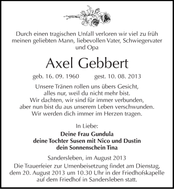 Traueranzeige von Axel Gebbert von Mitteldeutsche Zeitung Aschersleben