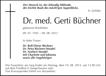 Traueranzeige von Gerti Büchner von Mitteldeutsche Zeitung Sangerhausen