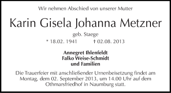 Traueranzeige von Karin Gisela Johanna Metzner von Mitteldeutsche Zeitung Naumburg/Nebra
