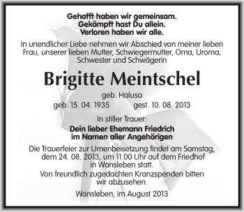 Traueranzeige von Brigitte Meintschel von Mitteldeutsche Zeitung Mansfelder Land