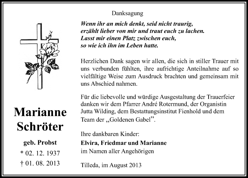  Traueranzeige für Marianne Schröter vom 17.08.2013 aus Mitteldeutsche Zeitung Sangerhausen
