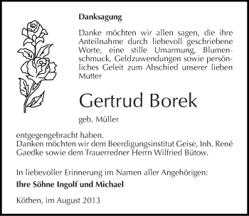 Traueranzeige von Gertrud Borek von Mitteldeutsche Zeitung Köthen