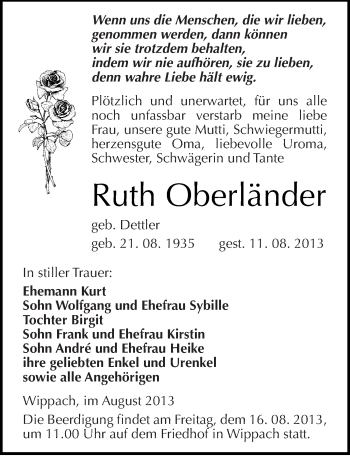 Traueranzeige von Ruth Oberländer von Mitteldeutsche Zeitung Naumburg/Nebra