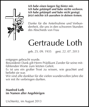 Traueranzeige von Gertraude Loth von Mitteldeutsche Zeitung Weißenfels