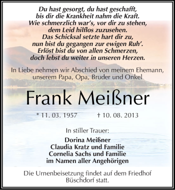 Traueranzeige von Frank Meißner von Mitteldeutsche Zeitung Halle/Saalkreis