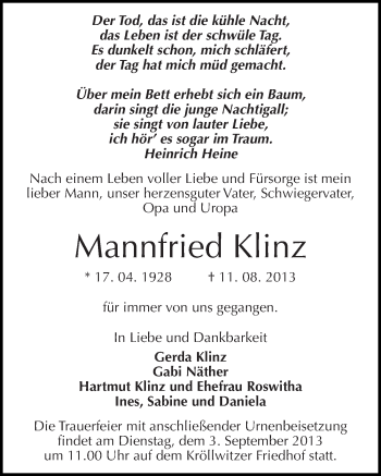 Traueranzeige von Mannfried Klinz von Mitteldeutsche Zeitung Halle/Saalkreis