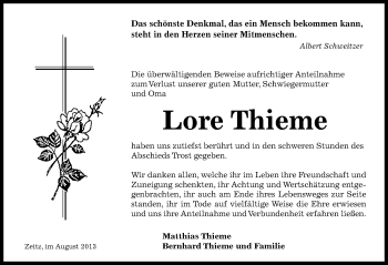 Traueranzeige von Lore Thieme von Mitteldeutsche Zeitung Zeitz