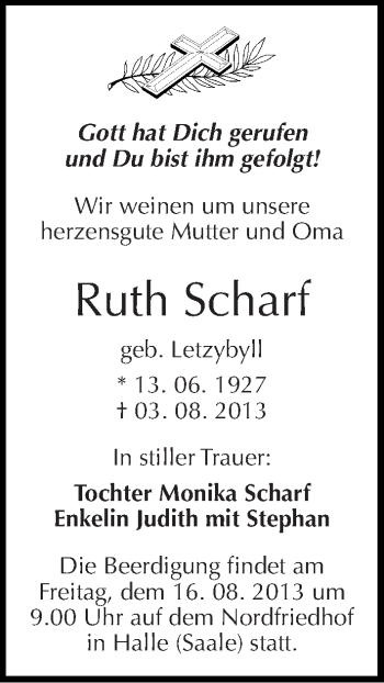Traueranzeige von Ruth Scharf von Mitteldeutsche Zeitung Halle/Saalkreis
