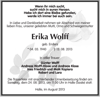 Traueranzeige von Erika Wolff von Mitteldeutsche Zeitung Halle/Saalkreis