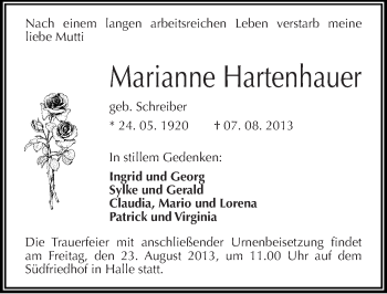 Traueranzeige von Marianne Hartenhauer von Mitteldeutsche Zeitung Halle/Saalkreis