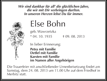 Traueranzeige von Else Bohn von Mitteldeutsche Zeitung Halle/Saalkreis