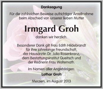 Traueranzeige von Irmgard Groh von Mitteldeutsche Zeitung Köthen