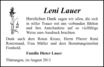 Traueranzeige von Leni Lauer von Mitteldeutsche Zeitung Sangerhausen