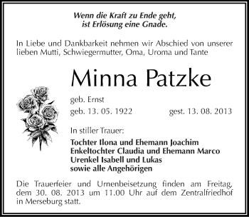 Traueranzeige von Minna Patzke von Mitteldeutsche Zeitung Merseburg/Querfurt
