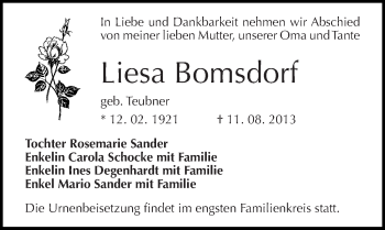 Traueranzeige von Liesa Bomsdorf von Mitteldeutsche Zeitung Halle/Saalkreis