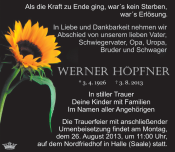Traueranzeige von Werner Höpfner von Mitteldeutsche Zeitung Halle/Saalkreis