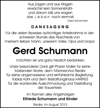 Traueranzeige von Gerd Schumann von Mitteldeutsche Zeitung Quedlinburg