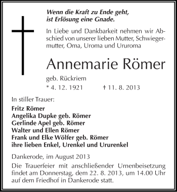 Traueranzeige von Annemarie Römer von Mitteldeutsche Zeitung Quedlinburg