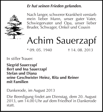 Traueranzeige von Achim Sauerzapf von Mitteldeutsche Zeitung Quedlinburg