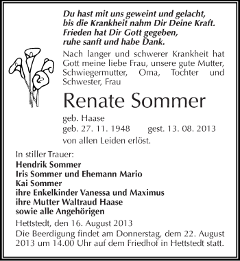 Traueranzeige von Renate Sommer von Mitteldeutsche Zeitung Mansfelder Land